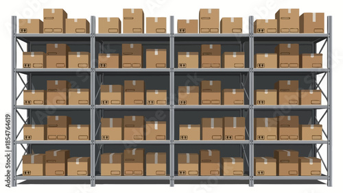 Warehouse storage of numerous cardboard boxes stacked on industrial metal shelving units, ready for distribution and logistics
