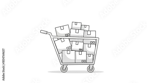 A shopping cart overflowing with many boxes representing commerce and logistics concepts
