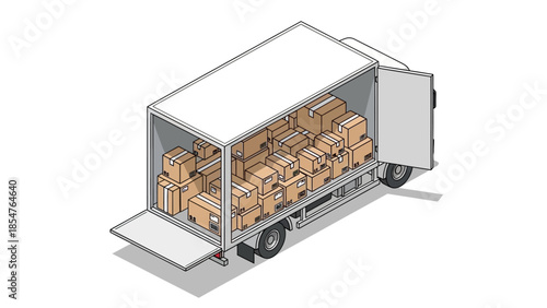 A full truckload of cardboard boxes packed inside a delivery vehicle, ready for transport and logistics