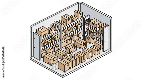 Storage Unit Filled With Boxes On Shelves, Organized Warehouse Full Of Packages