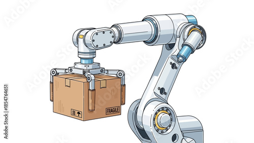 Robotic arm precisely lifts cardboard box in automated industrial setting
