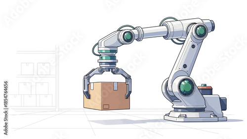 Industrial robotic arm precisely moving a cardboard box in a warehouse environment