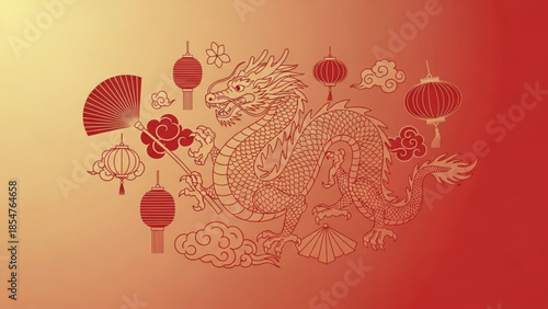 Chinese dragon illustration with red lanterns flowers and fan on gradient background for lunar