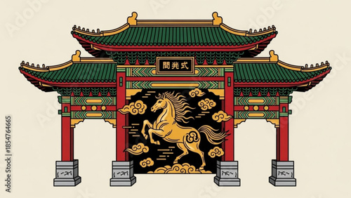 Traditional chinese gate with green roof and golden horse decoration, asian architecture