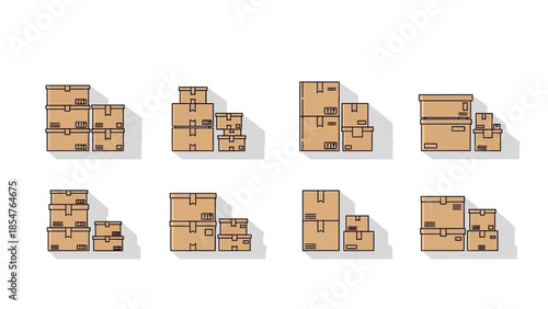Collection of stacked cardboard boxes of various sizes and shapes, casting shadows on a white background