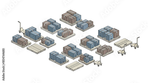 Isometric view of numerous cargo pallets and hand trucks, representing logistics and shipping