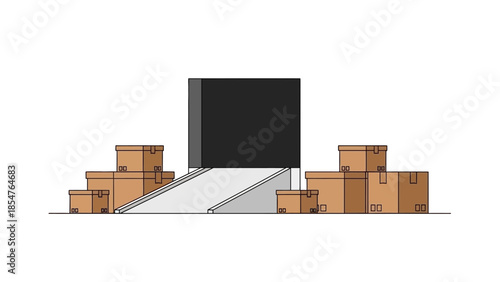 Cardboard boxes stacked around a loading dock ramp ready for shipment or delivery