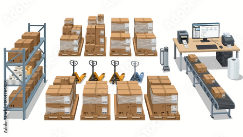 Warehouse logistics and material handling equipment with conveyor belt and packaging station