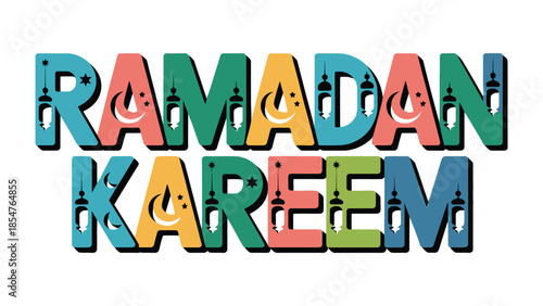 Ramadan Kareem: A vibrant and colorful design, celebrating the essence of the Islamic holy month, with crescent moons, lanterns, and a cheerful display.