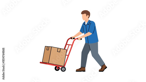 Man pushing a dolly with boxes, representing logistics and delivery services