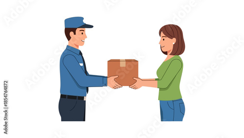 Delivery driver hands package to customer for parcel service and logistics