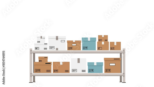 Storage shelves filled with cardboard boxes and shipping containers, organized for logistics and inventory management