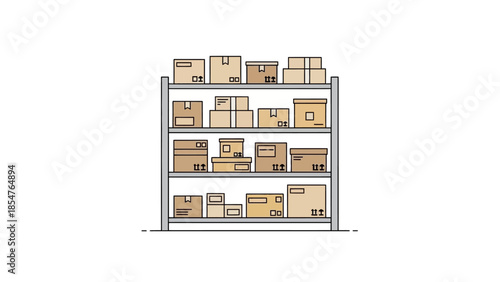 Illustrated warehouse shelving unit filled with various sized cardboard boxes, suitable for logistics or inventory management concepts