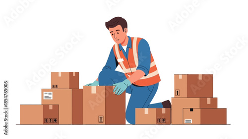 Warehouse worker in hi-vis vest carefully stacking cardboard boxes during inventory or shipping process, logistics and supply chain concept