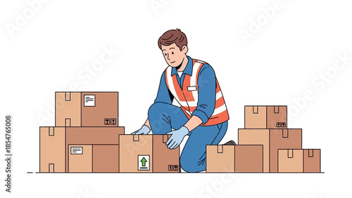 A worker in safety vest and gloves is organizing cardboard boxes
