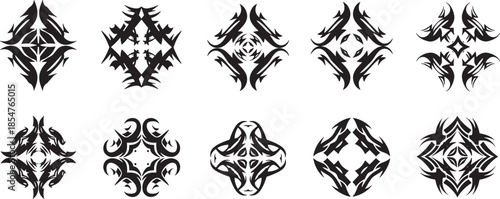 Diverse collection of abstract tribal design elements, showcasing symmetrical patterns with a distinctive calligraphic brushwork style, ideal for modern graphic art projects