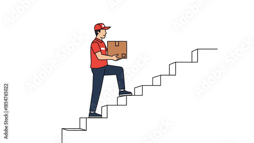 Delivery person climbing stairs with package, representing logistics and shipping services