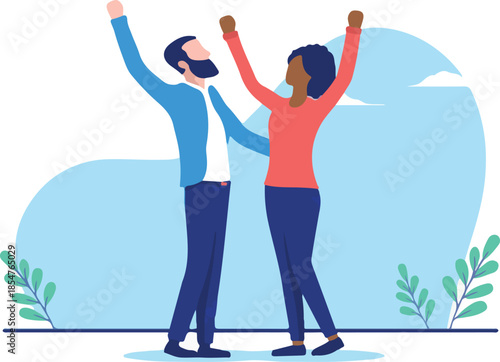Happy interracial couple - Caucasian man and black woman celebrating standing with hands in air. Flat design vector illustration with white background