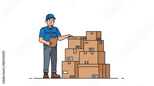 Delivery person holding clipboard and standing by stack of cardboard boxes, courier service concept