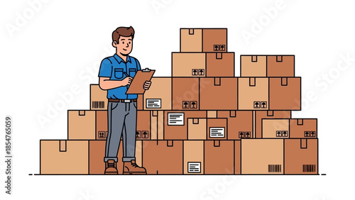 Warehouse worker with clipboard overseeing a large stack of cardboard boxes for shipping and delivery