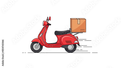 Red delivery scooter carrying a package, perfect for logistics and courier services illustrations