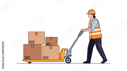 Warehouse worker pushing a pallet jack loaded with cardboard boxes, representing logistics and delivery services
