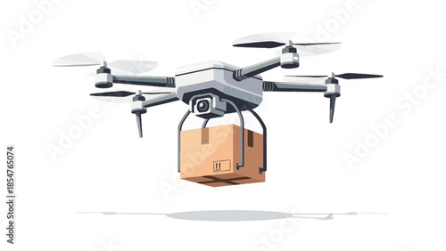 Autonomous drone delivering a package in the air, showcasing modern logistics and aerial delivery services for efficient shipping and supply chain operations