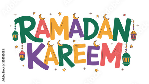 Ramadan Kareem Illustration: A festive and vibrant illustration proclaims Ramadan Kareem, featuring traditional lanterns and crescent moons, evoking the spirit of the holy month.
