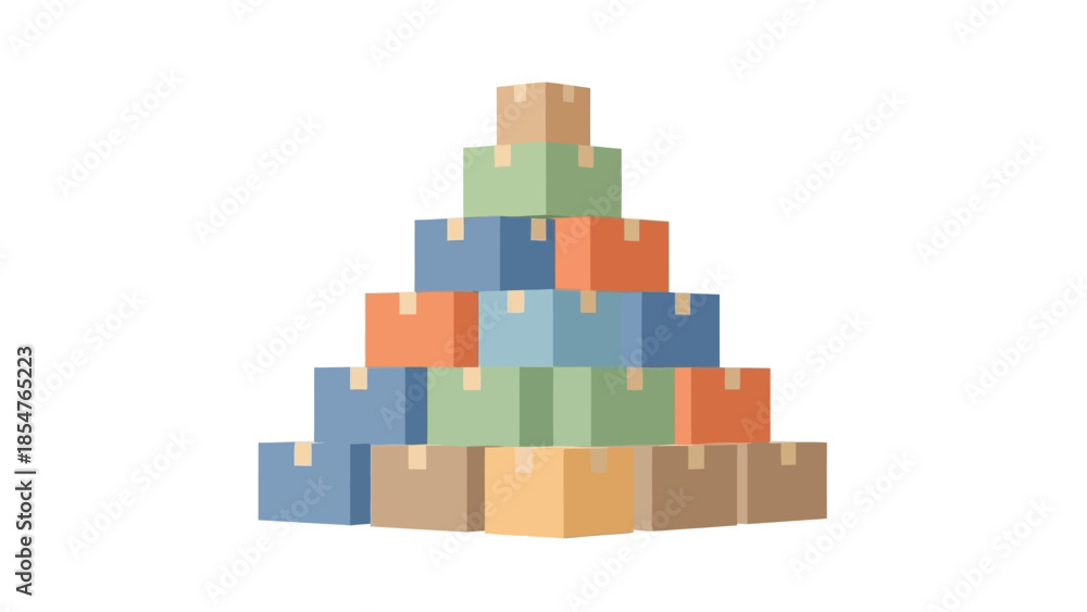 Fototapeta premium Arranged Stack of Colorful Cardboard Boxes Forming a Pyramid Shape on a White Background