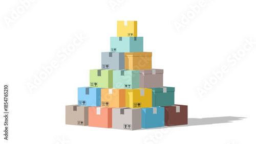 Stack of Colorful Cardboard Boxes Arranged in a Pyramid Shape, Ideal for Logistics and Storage Concepts