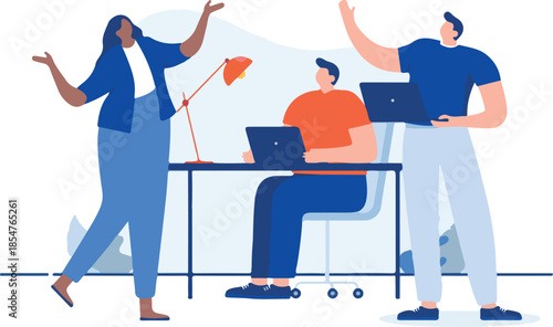 Happy office people working - Workers doing job, talking and socialising at the workplace. Flat design cartoon vector illustration with white background
