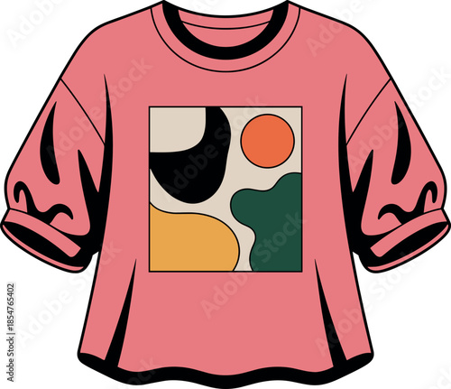 Pink Oversized T-shirt Mockup Vector with Puff Sleeves and Abstract Boho Organic Shape Graphic Patch for Trendy Streetwear and Aesthetic Fashion Design.