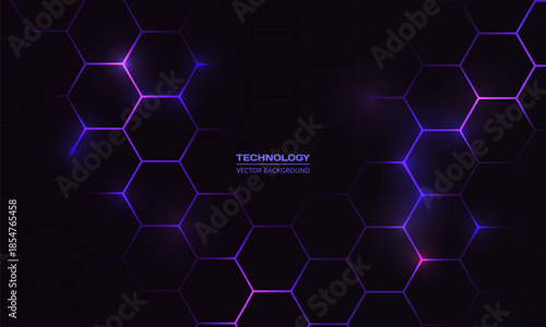Dark hexagonal abstract technology background with blue and pink colored bright flashes under hexagon. Honeycomb gaming vector abstract tech background.