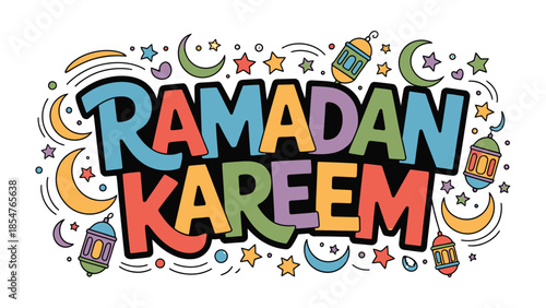 Ramadan Kareem: A festive and vibrant graphic design spells out Ramadan Kareem, adorned with crescent moons, stars, and lanterns, heralding the spirit of the holy month.
