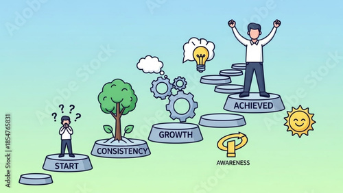Cartoon businessmen on steps of success journey with growth mindset, consistency and awareness, lightbulb idea, gears, tree, sun and question marks