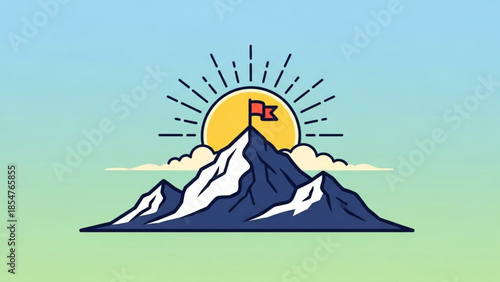 Snowy mountain peak with flag on top at sunrise or sunset with clouds and sun rays, achievement and success concept in nature