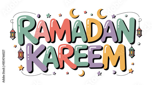 Ramadan Kareem Illustration: A festive illustration of Ramadan Kareem in vibrant colors, symbolizing the spirit of the holy month with decorative lanterns and crescent moons.