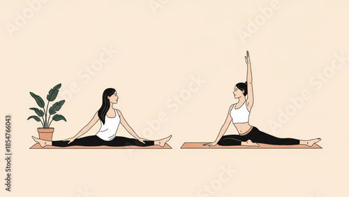 Two women practicing yoga in different poses on yoga mats next to a potted plant, serene atmosphere, healthy lifestyle illustration
