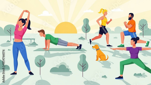 Group of people exercising outdoors in a park with a dog during sunrise or sunset