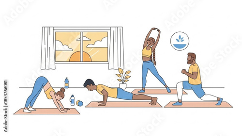 People practicing yoga and exercising together in a bright studio with yoga mats, water bottles, and plants in the background during sunrise