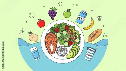 Healthy meal with salmon, salad, avocado, and grains surrounded by fruits, yogurt, milk, and healthy lifestyle symbols on a light green background