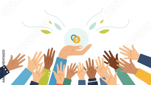 Multiple diverse hands reaching for a coin symbolizing financial collaboration and fundraising efforts