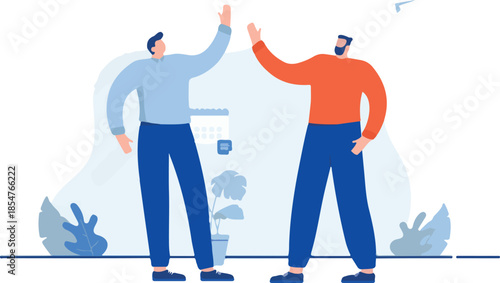 High five - Two men working in office doing high-fives, smiling and being friendly at work. Flat design cartoon vector illustration with white background