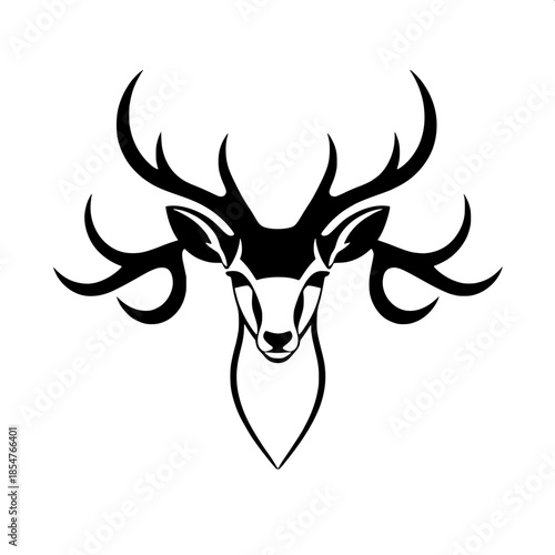 Stylized deer head silhouette in monochrome black on a clean white background, depicted in a frontal view with sharp antlers curving upward in a symmetrical pattern, simplified facial features with a 
