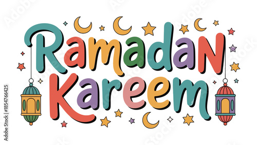 Ramadan Kareem: Vibrant Calligraphy Embellished with Celestial Motifs, symbolizing the spirit of Ramadan