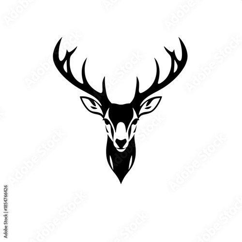 Stylized deer head silhouette in monochrome black on a clean white background, depicted in a frontal view with sharp antlers curving upward in a symmetrical pattern, simplified facial features with a 