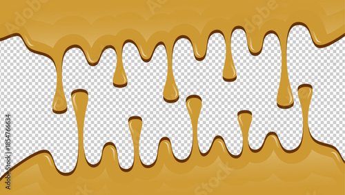 Hot chocolate drip illustration. Melting chocolate on transparent background. Drippy ice cream vector design. Wavy choco melt border. Brown chocolate drips illustration.