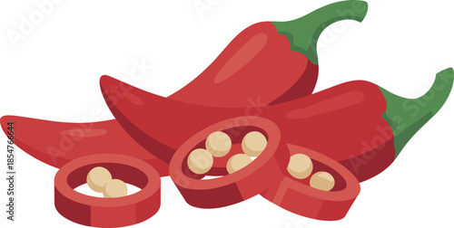 Red Chili Peppers and Slices with Seeds Vector Illustration