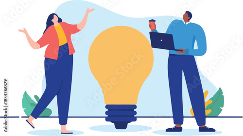  Idea at work - Two office people smiling and working on new ideas. Flat design cartoon vector illustration with white background.