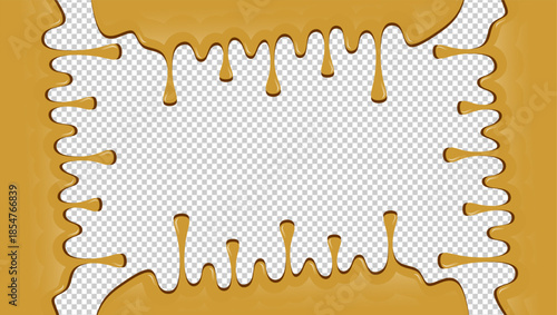 Hot chocolate drip illustration. Melting chocolate on transparent background. Drippy ice cream vector design. Wavy choco melt border. Brown chocolate drips illustration.